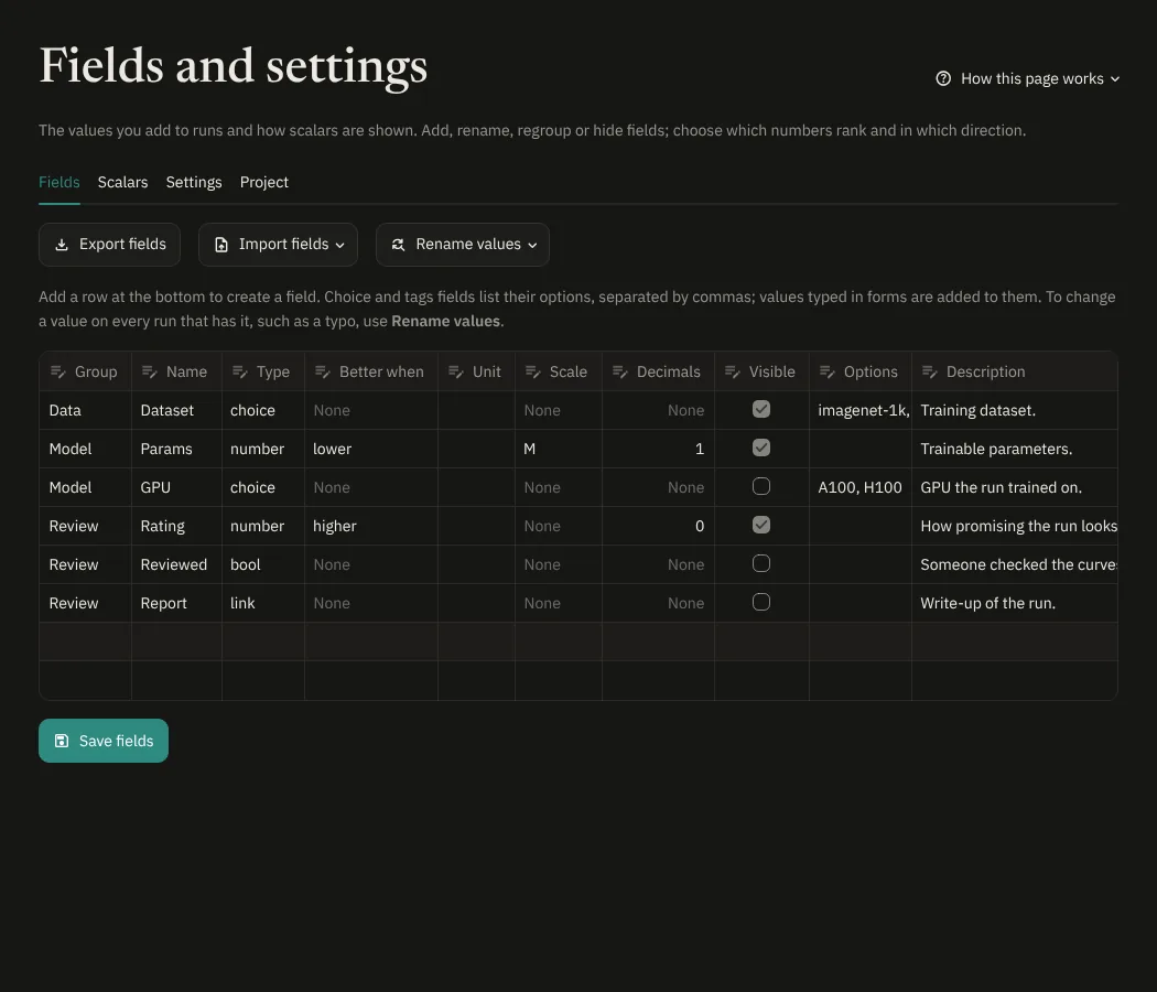 The Fields tab of Fields and settings