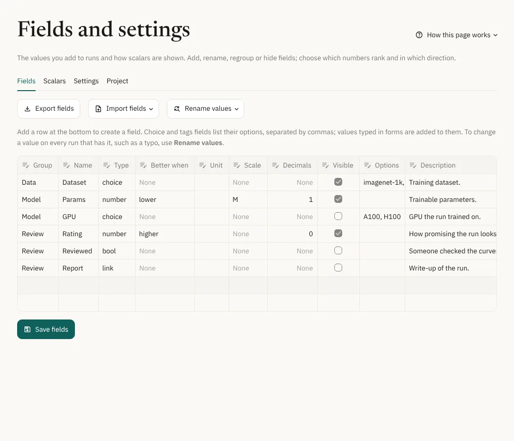 The Fields tab of Fields and settings